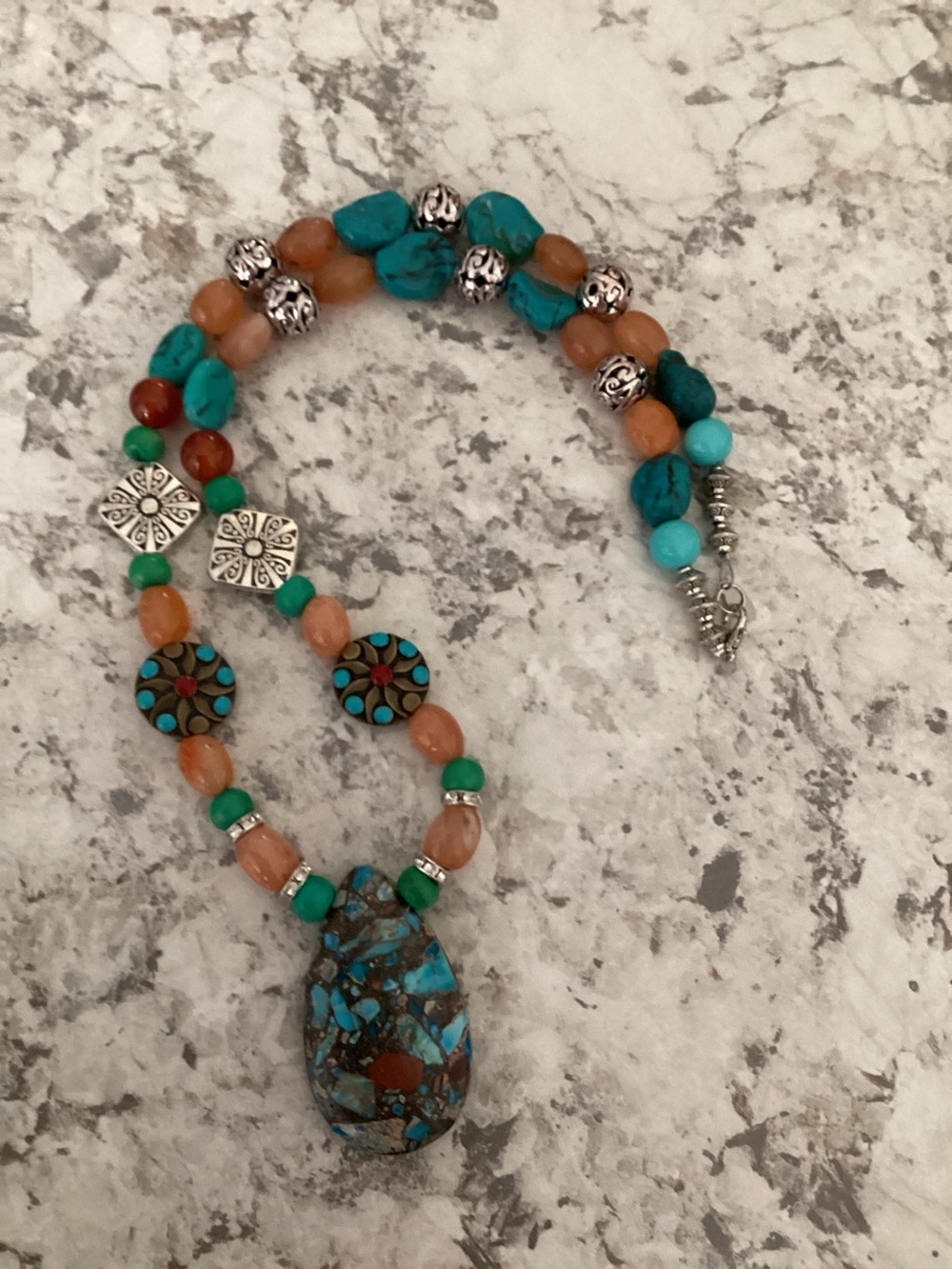 Artisan Handcrafted Turquoise & Orange Beaded Pendant Necklace - Picture 10 of 10